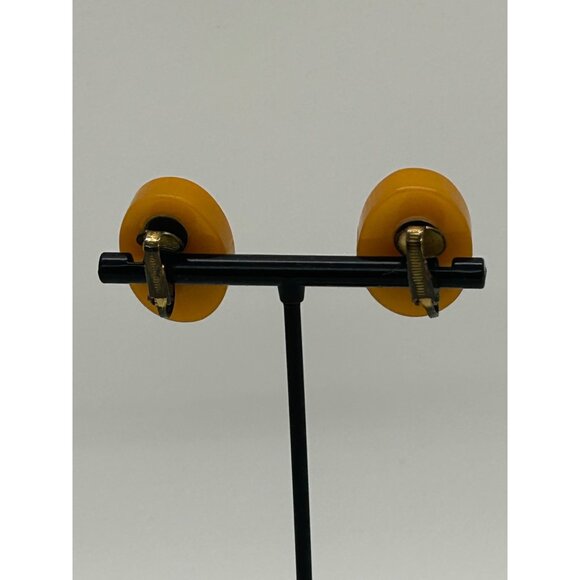 Bakelite Clip-On Earrings Butterscotch Pink & Green Embroidered Floral Vintage - Picture 12 of 16